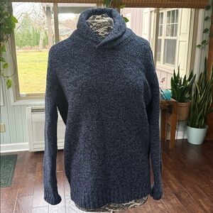 L.L. Bean Lambswool Elbow Patch Navy Blue Pullover Shawl Neck Sweater, Med TALL
